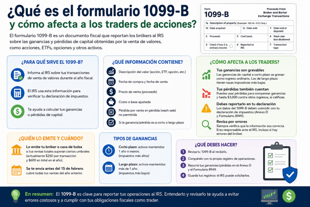 Descubre qué es el formulario 1099-B para traders de acciones, cómo usarlo en tu declaración al IRS y los errores más costosos que debes evitar.