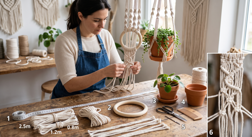Cómo hacer un porta macetas en macramé tutorial con medidas y lista de materiales